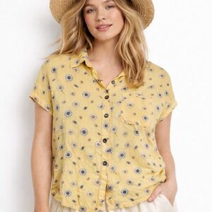 Belle du Jour Womens Floral Button Down Top Size M Yellow Cottagecore Country